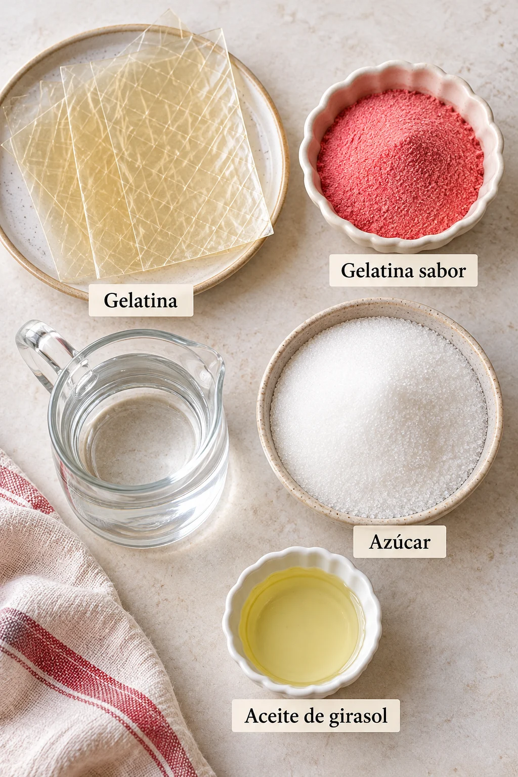 Ingredientes etiquetados para gominolas caseras.