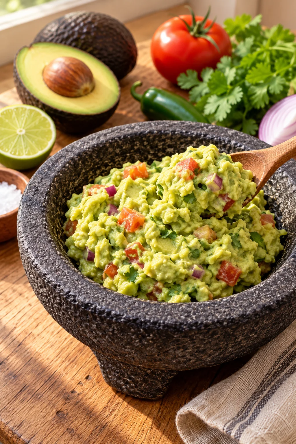 Guacamole mexicano casero servido con totopos.