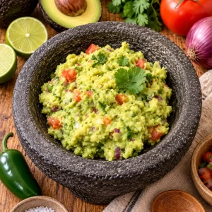Guacamole mexicano casero en un tazón con aguacates, limón y cilantro alrededor