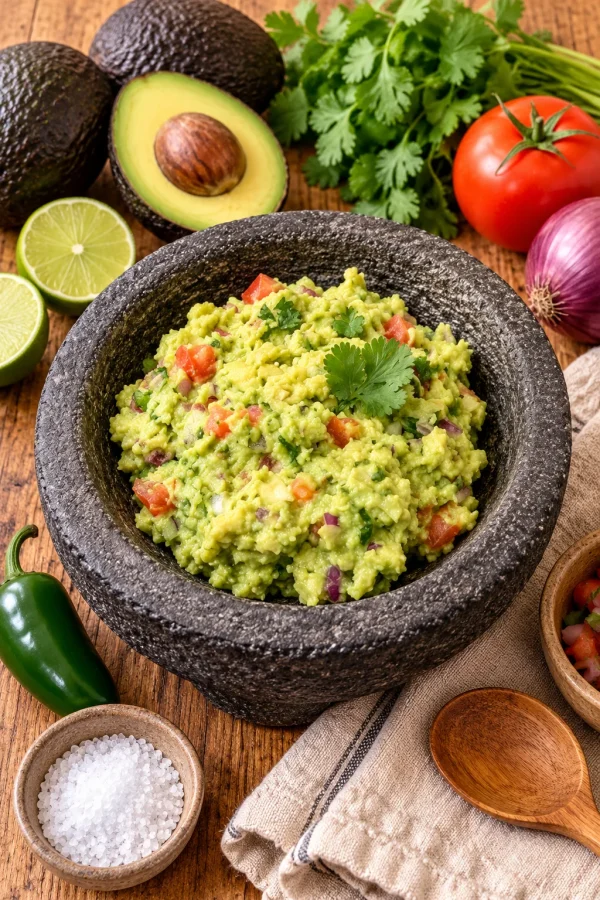 Guacamole mexicano casero en un tazón con aguacates, limón y cilantro alrededor