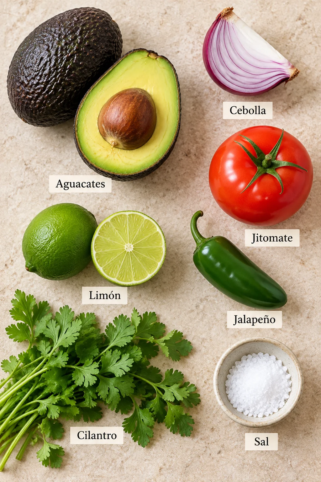 Ingredientes etiquetados para guacamole mexicano casero.