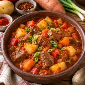 Guiso carrero argentino con carne, papas, batata y morrones