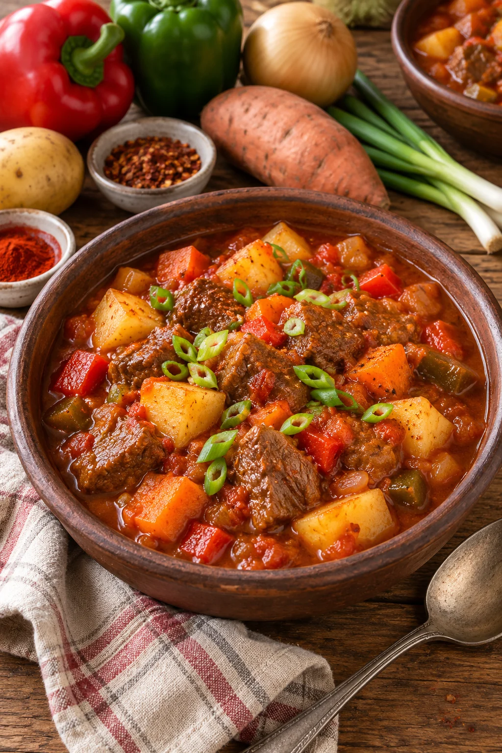 Guiso carrero argentino con carne, papas y morrones
