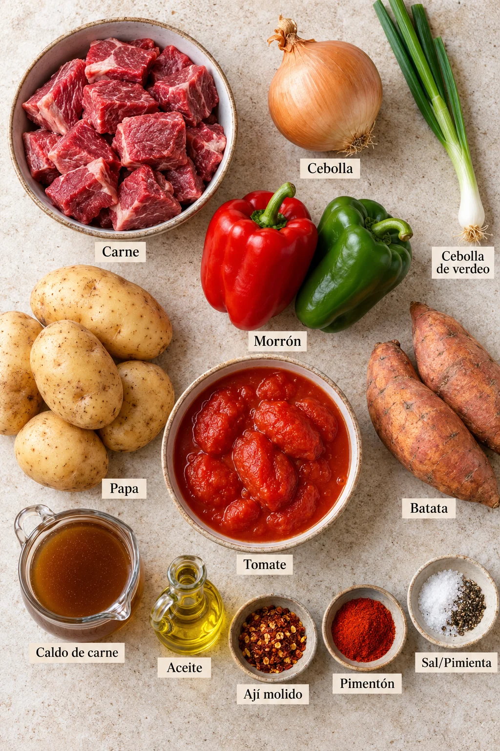 Ingredientes etiquetados para guiso carrero argentino