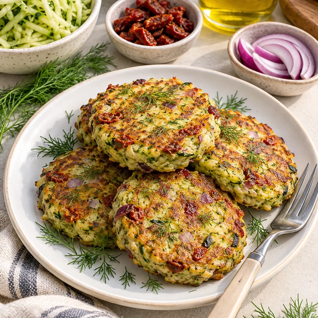 Hamburguesas de calabacín con harina de maíz, tomates secos y eneldo fresco