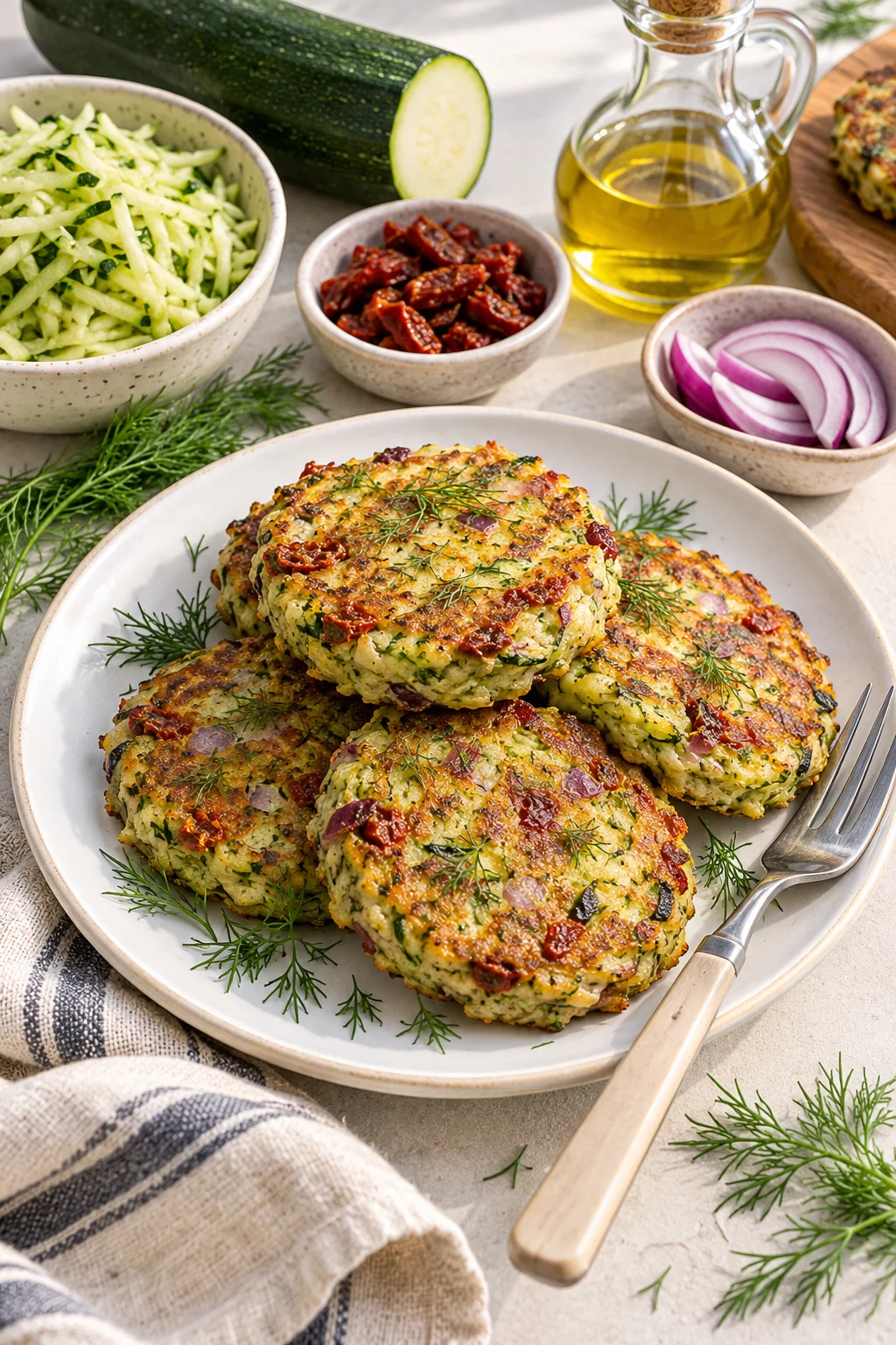 Hamburguesas de calabacín con harina de maíz, tomates secos y eneldo fresco