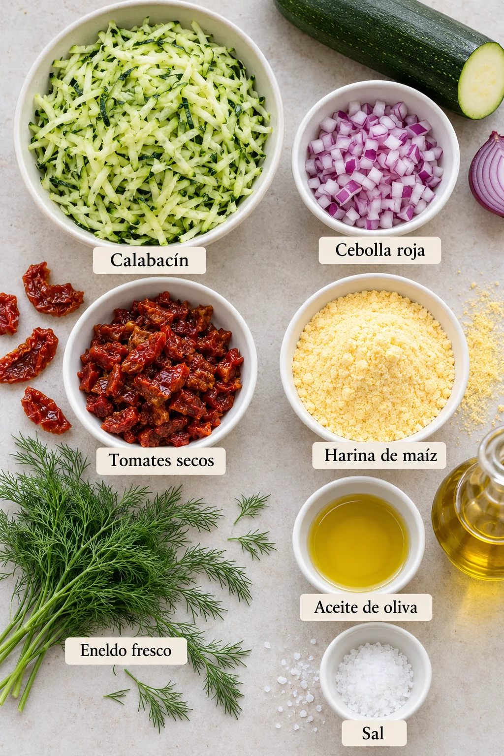 Ingredientes etiquetados para hamburguesas de calabacín en boles blancos sobre superficie clara