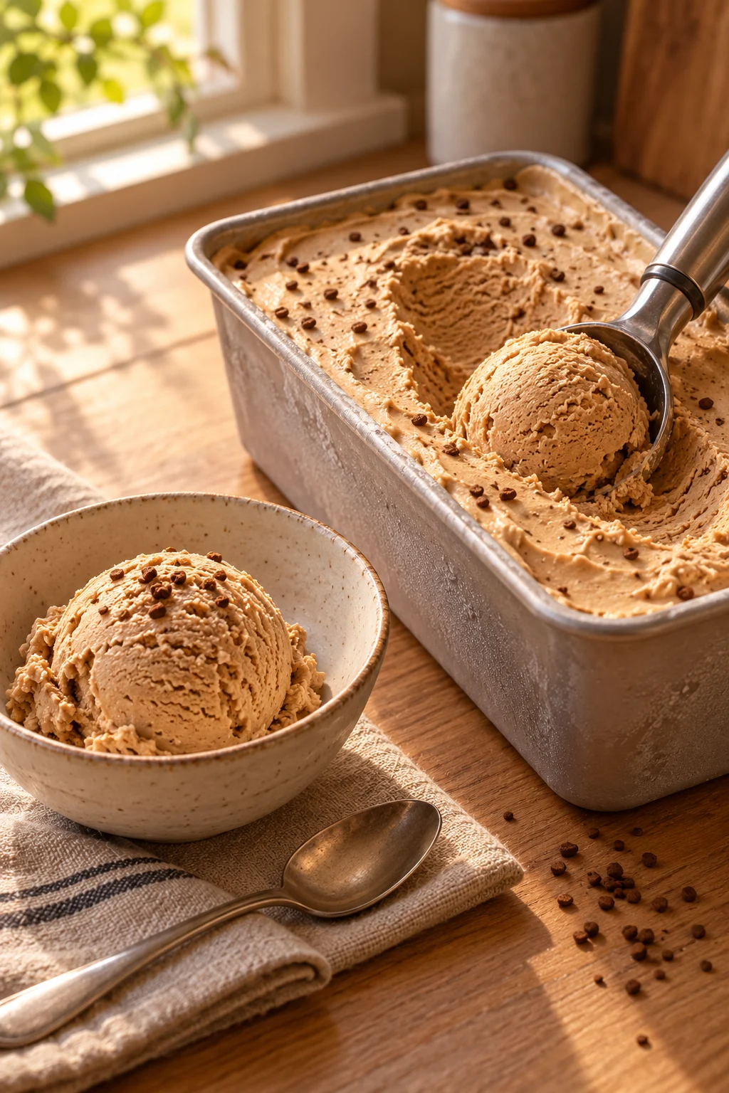 Helado de café casero sin heladera servido en un bol, mostrando su textura cremosa.