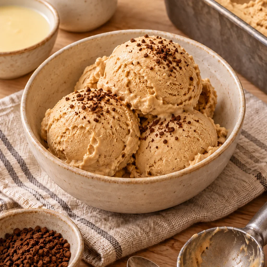 Helado de café casero sin heladera en un bol, con textura cremosa.
