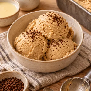 Helado de café casero sin heladera en un bol, con textura cremosa.