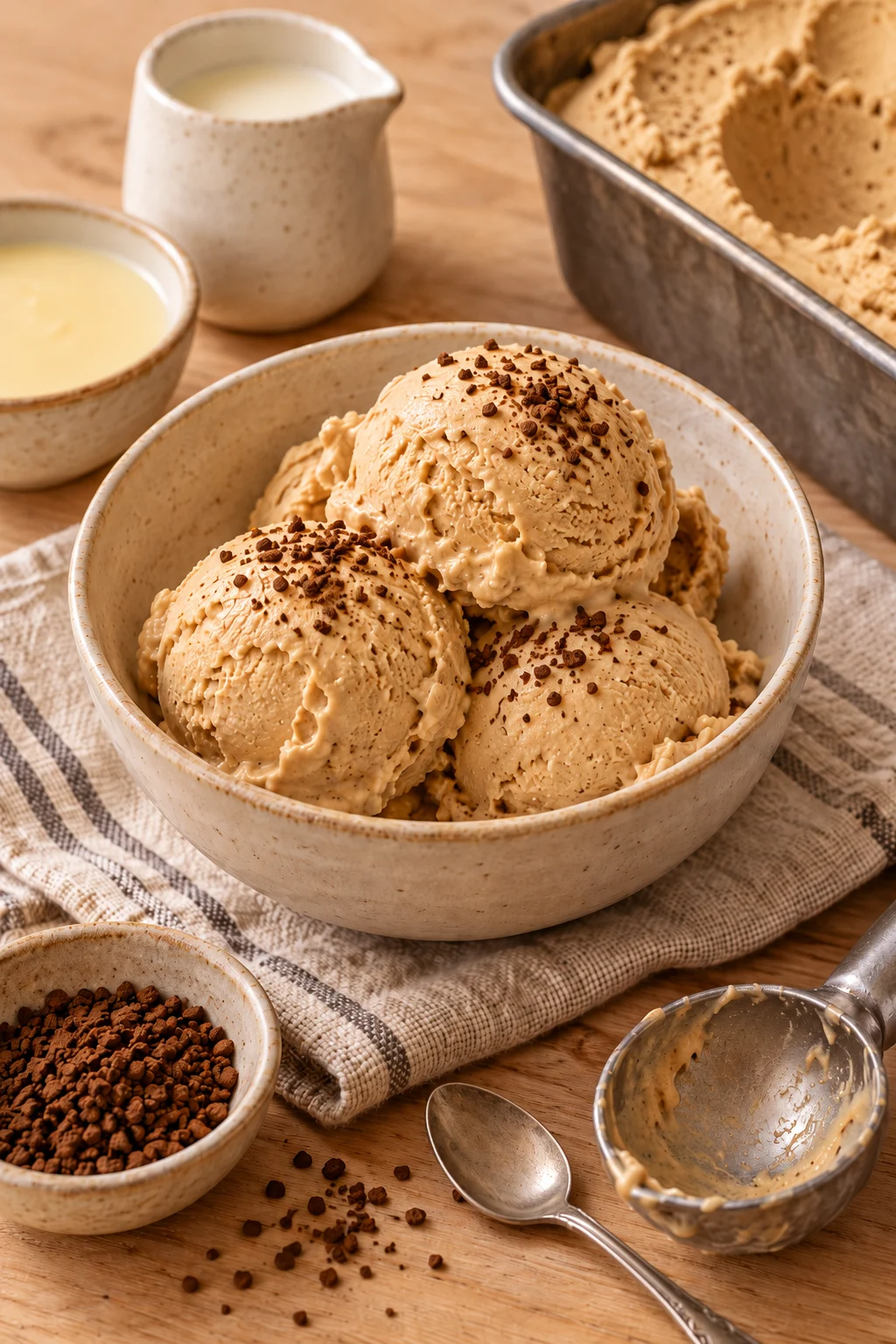 Helado de café casero sin heladera en un bol, con textura cremosa.