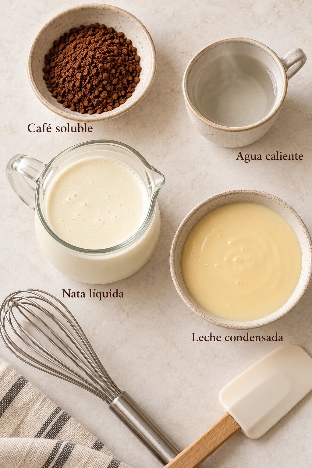 Ingredientes etiquetados para helado de café casero sin heladera.