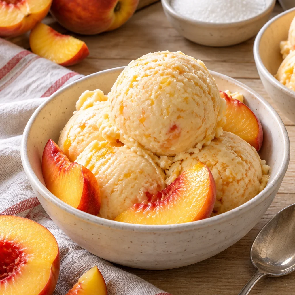 Helado de durazno servido en un bol con duraznos frescos alrededor