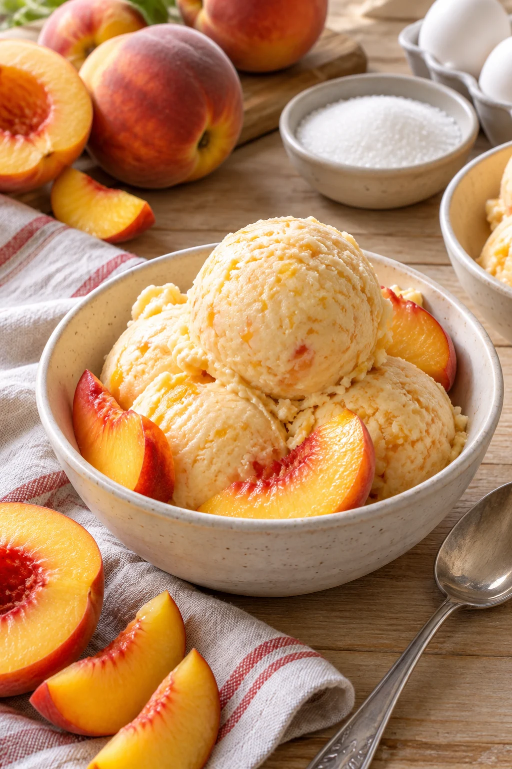 Helado de durazno servido con duraznos frescos