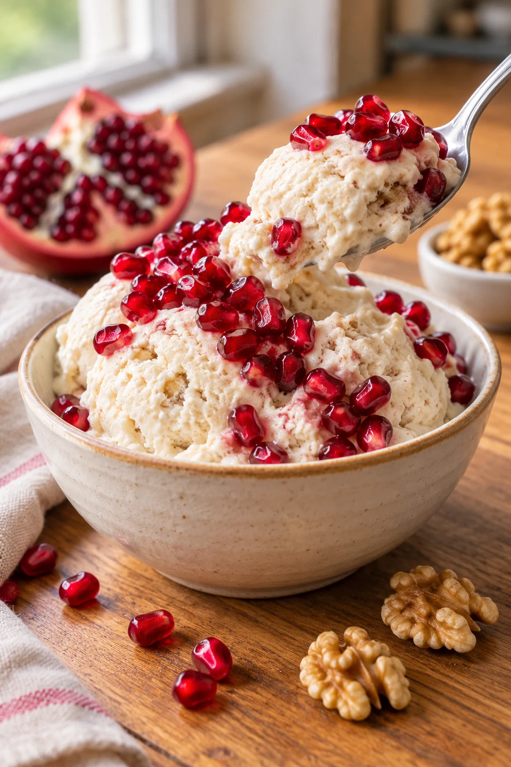 Helado de nogada servido en un bol con granos de granada.