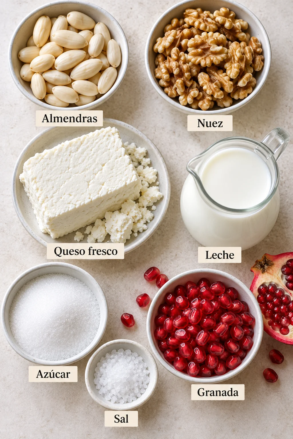 Ingredientes etiquetados para helado de nogada.