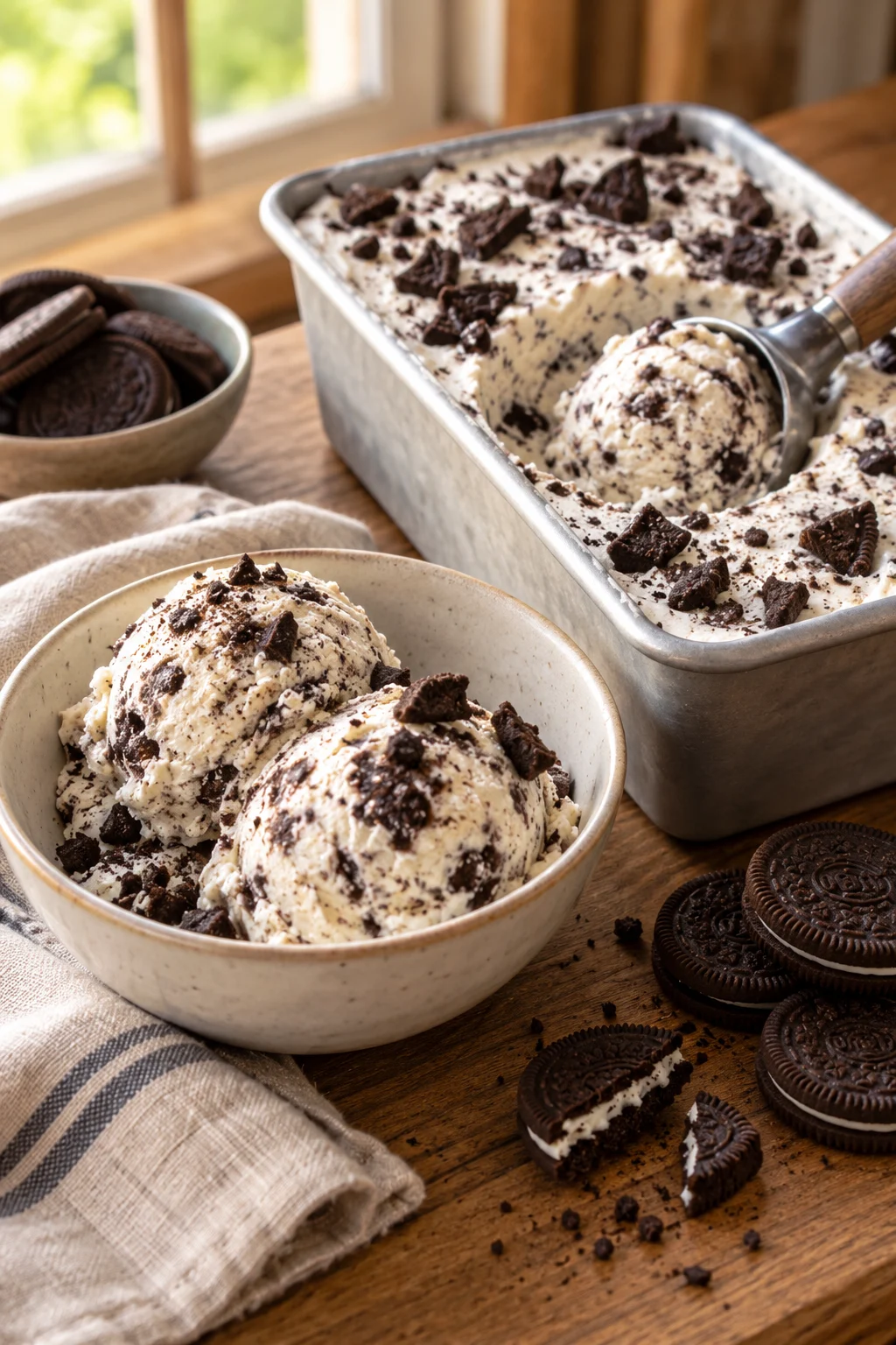 Helado de oreo casero servido en un bol.
