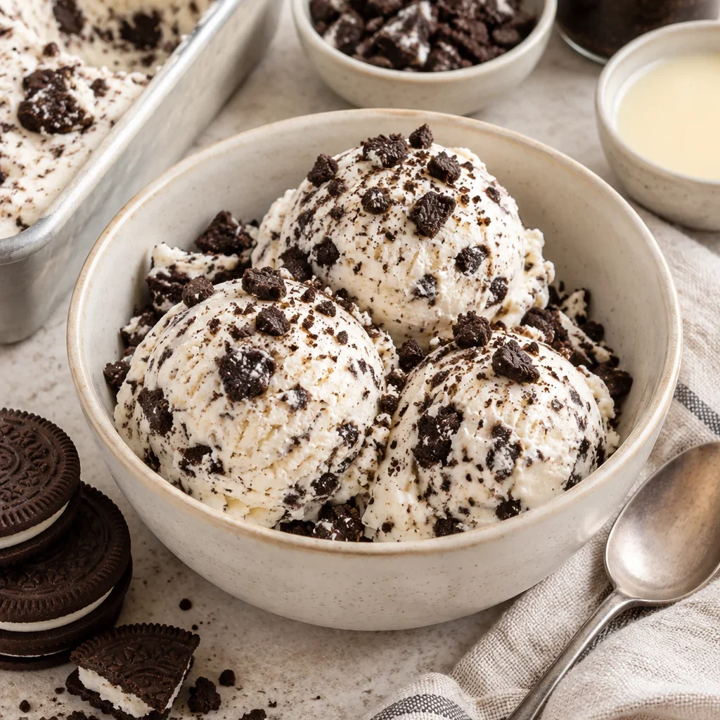 Helado de oreo casero en un bol con galletas Oreo alrededor.
