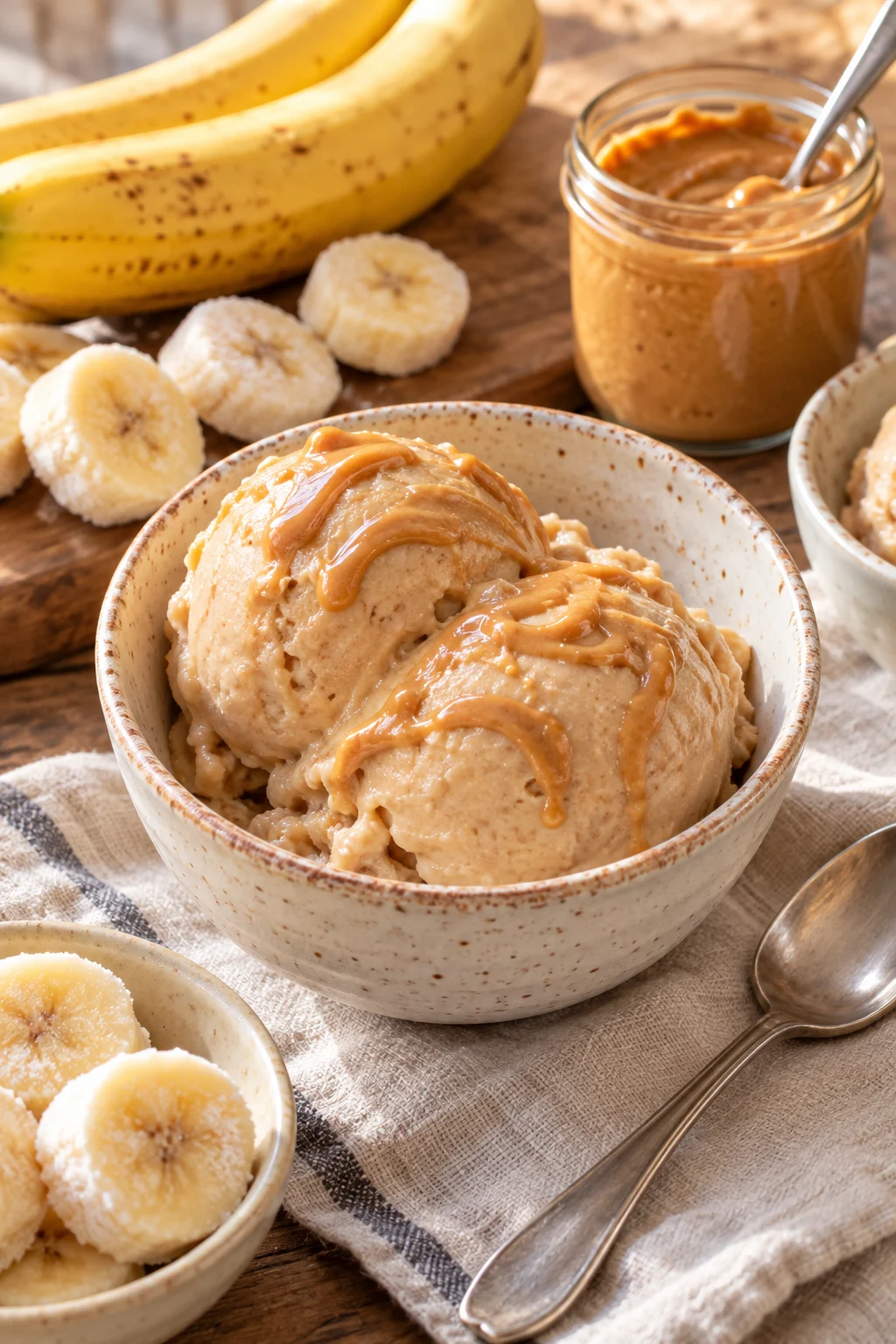 Helado de plátano cremoso con mantequilla de cacahuete