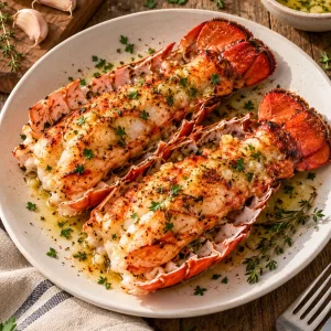 Langosta a la parrilla con ajo y mantequilla de hierbas, servida en un plato blanco