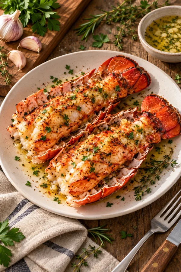 Langosta a la parrilla con ajo y mantequilla de hierbas, servida en un plato blanco