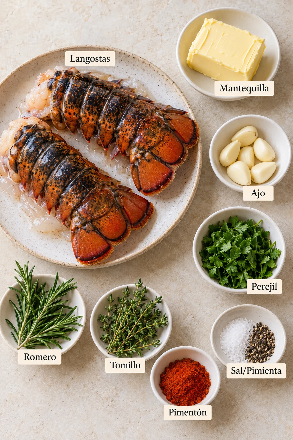Ingredientes etiquetados para langosta a la parrilla con ajo y mantequilla de hierbas