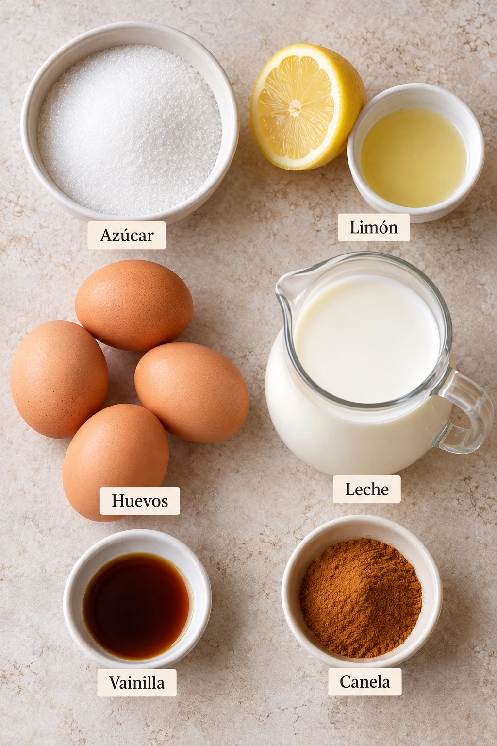 Ingredientes etiquetados para leche asada