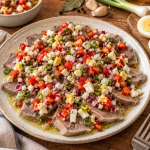 Lonchas de lengua a la vinagreta con pimiento rojo, cebolla morada, cebolleta y huevo duro en una fuente