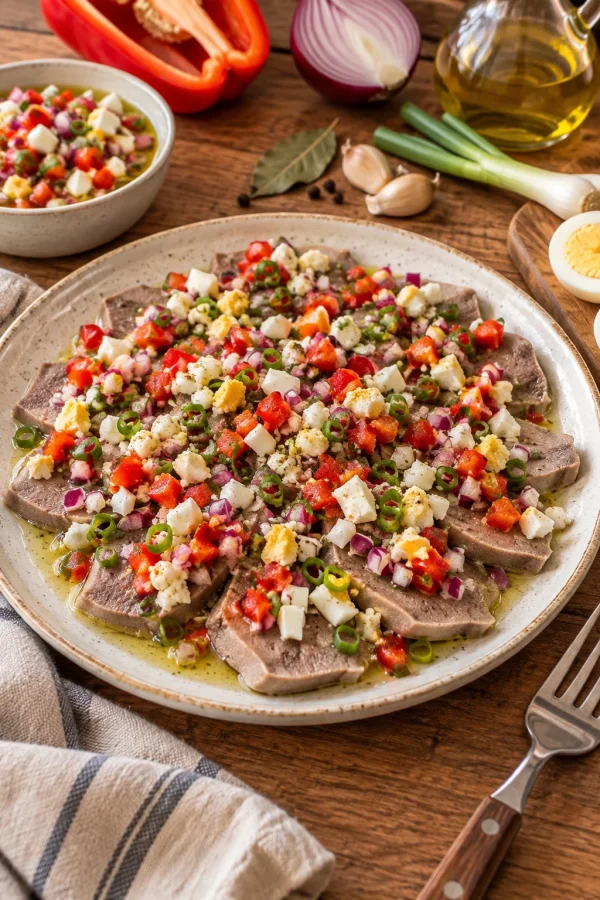 Lonchas de lengua a la vinagreta con pimiento rojo, cebolla morada, cebolleta y huevo duro en una fuente