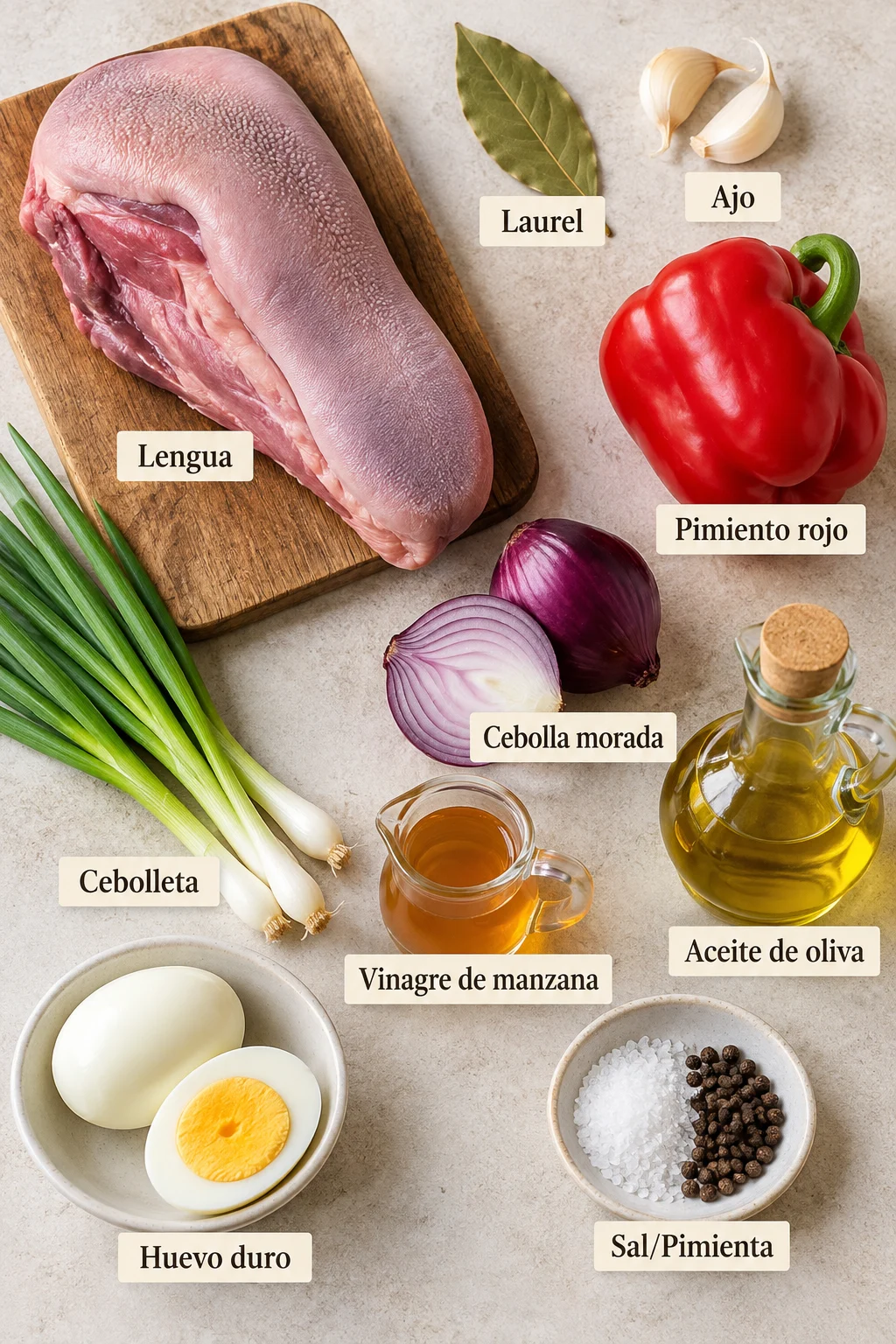 Ingredientes etiquetados para lengua a la vinagreta