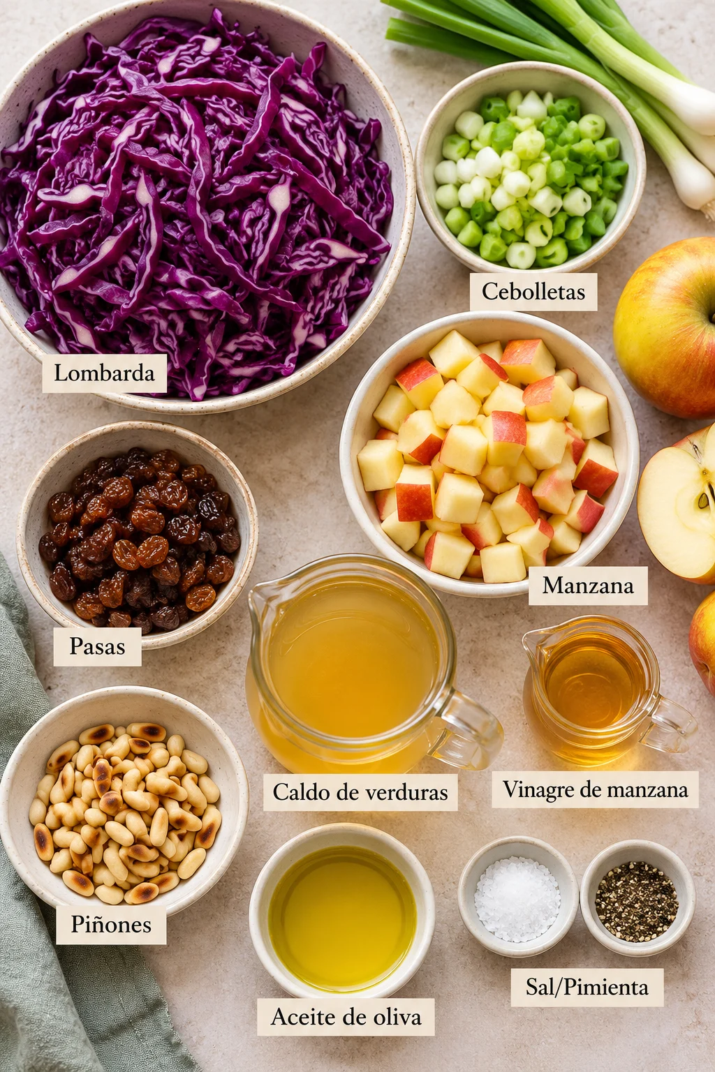 Ingredientes etiquetados para lombarda con manzana con piñones y pasas