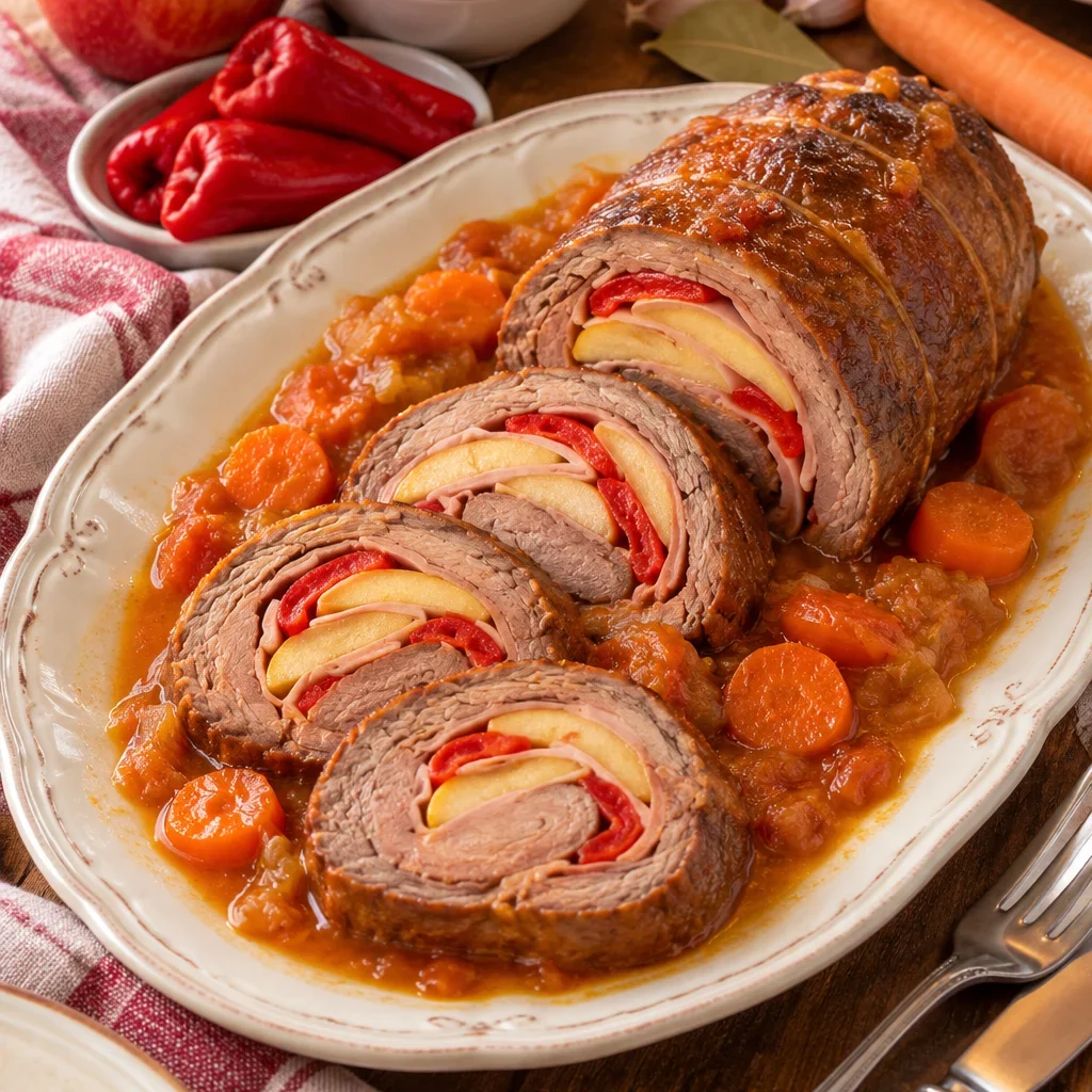 Lomo de ternera relleno al horno con ingredientes frescos