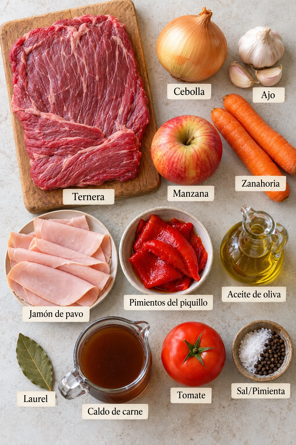 Ingredientes etiquetados para lomo de ternera relleno