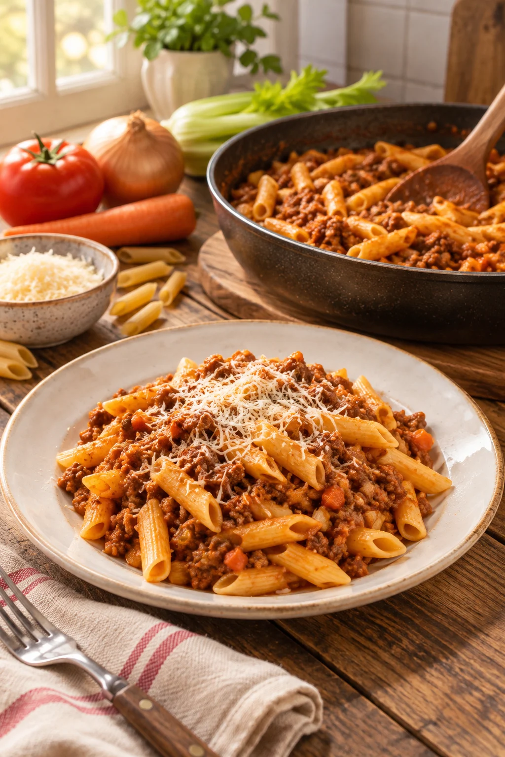 Macarrones a la boloñesa servidos en un plato, mostrando la textura de la salsa.