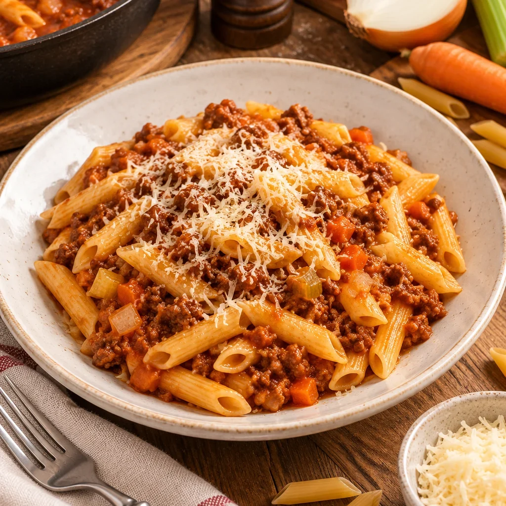 Macarrones a la boloñesa servidos con salsa rica y abundante.