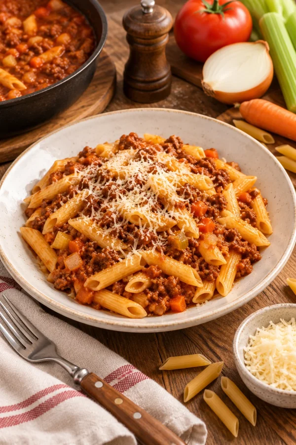 Macarrones a la boloñesa servidos con salsa rica y abundante.