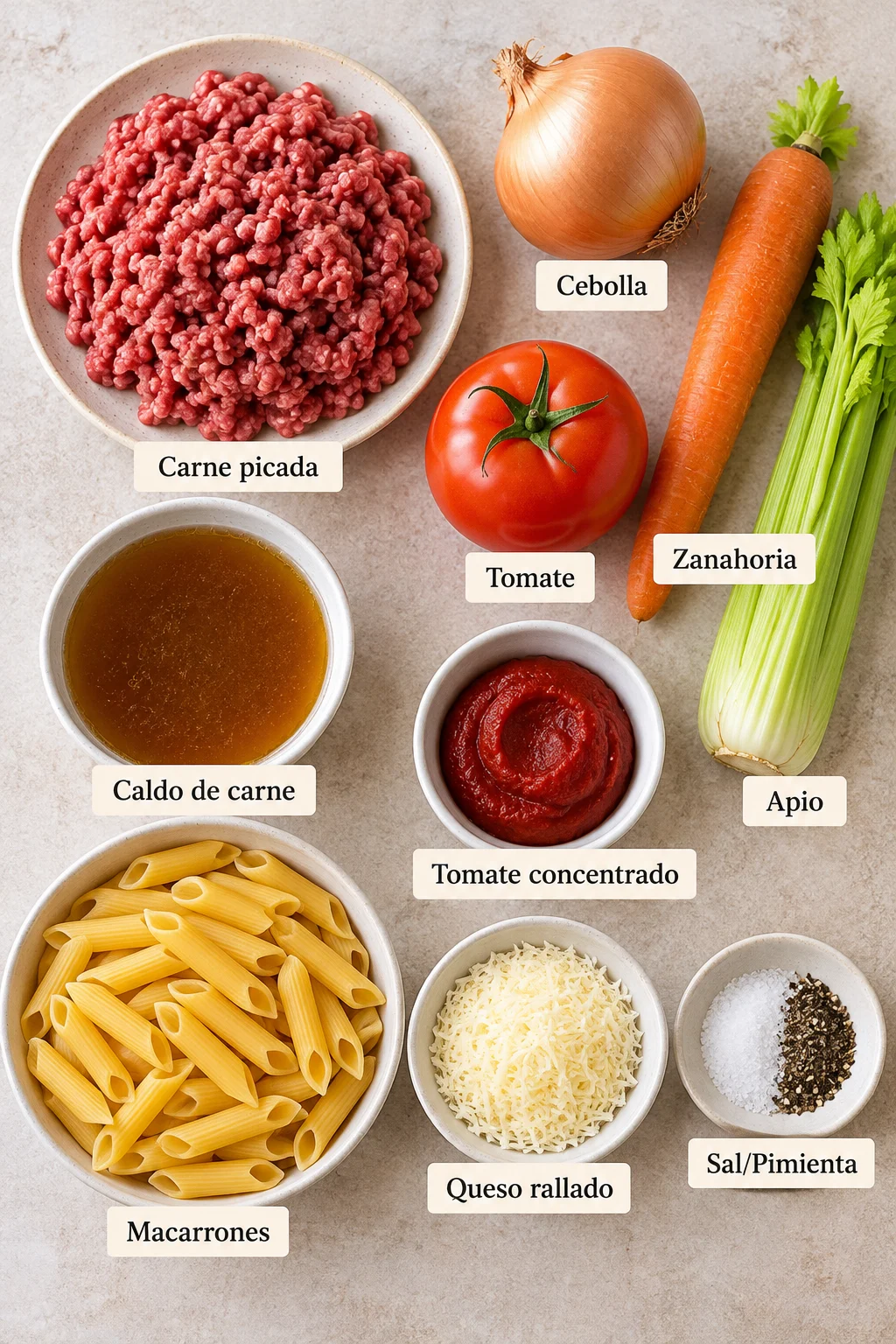 Ingredientes etiquetados para macarrones a la boloñesa.