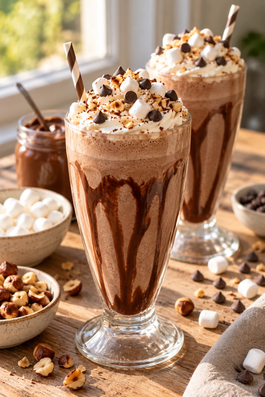 Malteada de chocolate cremosa servida con malvaviscos y avellanas.