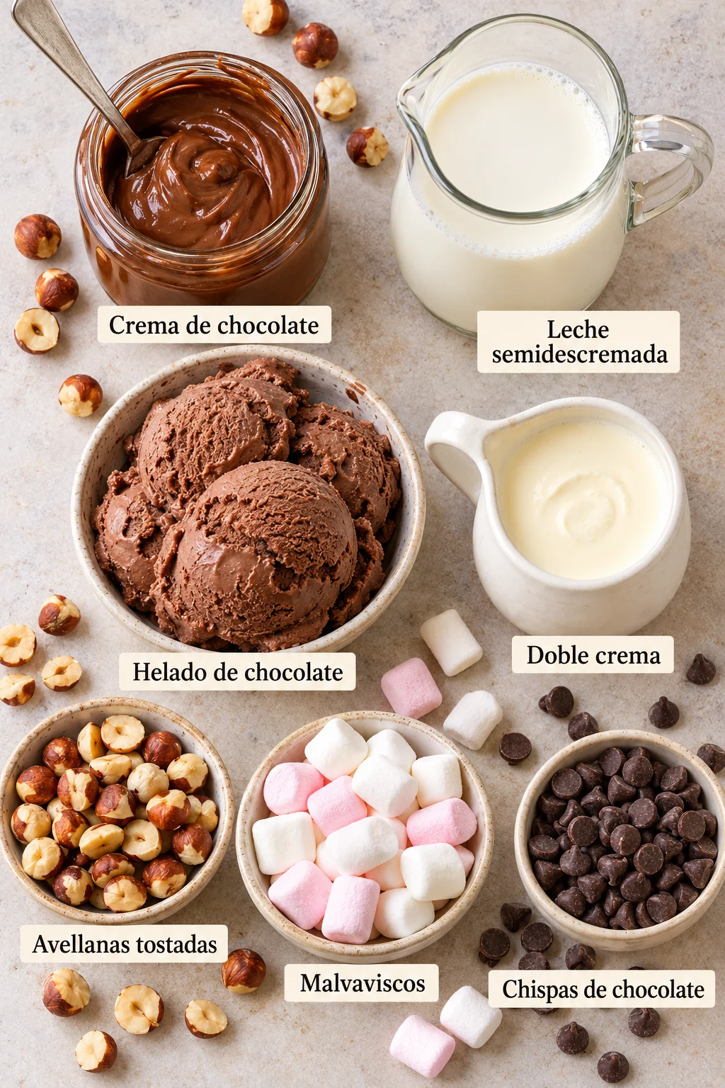 Ingredientes etiquetados para malteada de chocolate cremosa.