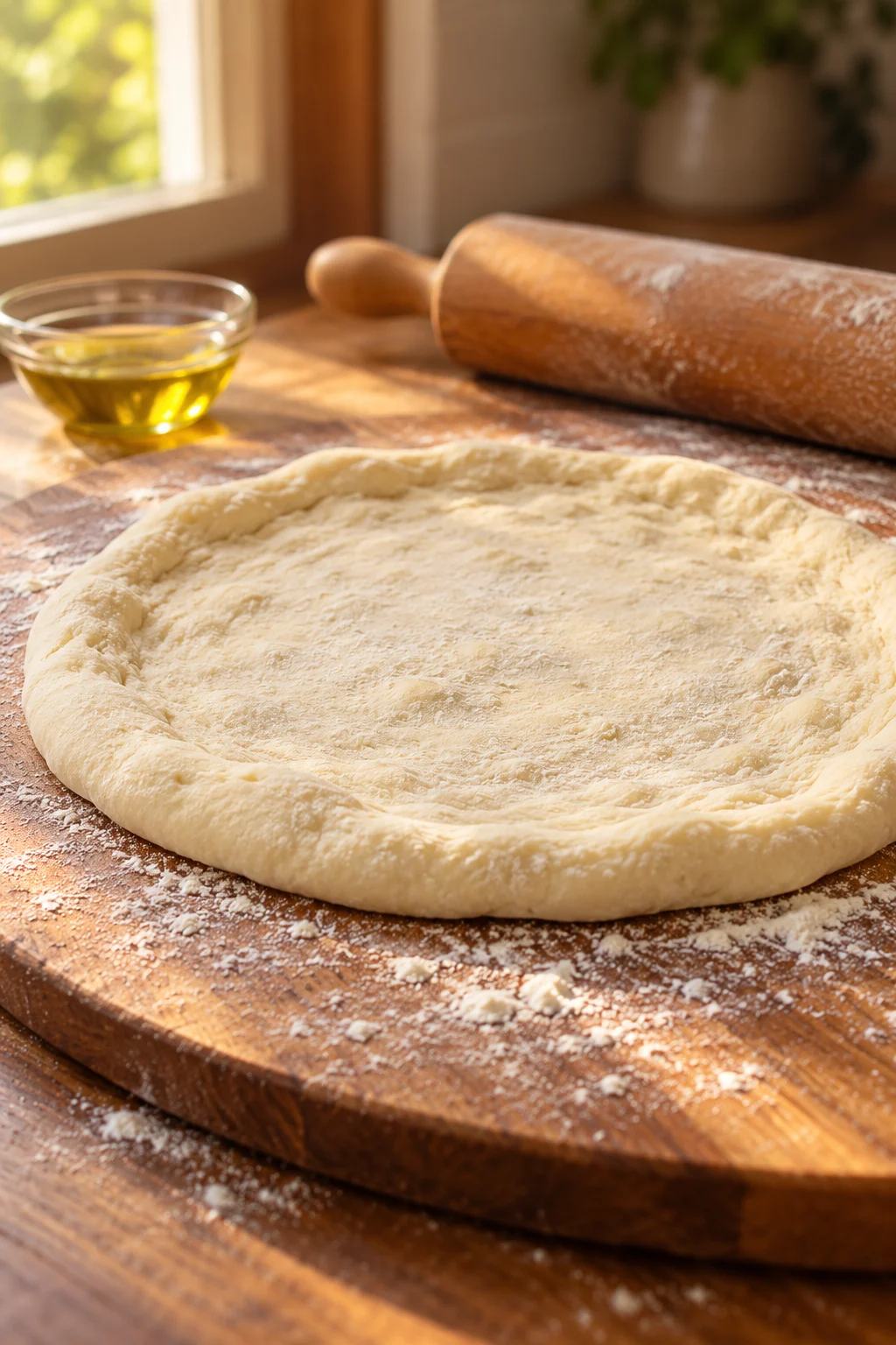 Masa de pizza recién horneada con corteza dorada