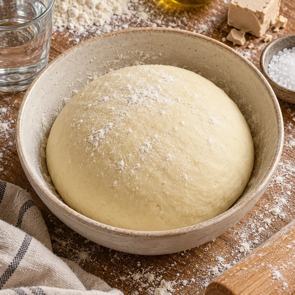 Bola de masa de pizza casera en un bol con harina, aceite de oliva, levadura fresca y sal alrededor