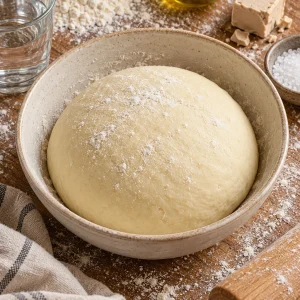 Bola de masa de pizza casera en un bol con harina, aceite de oliva, levadura fresca y sal alrededor