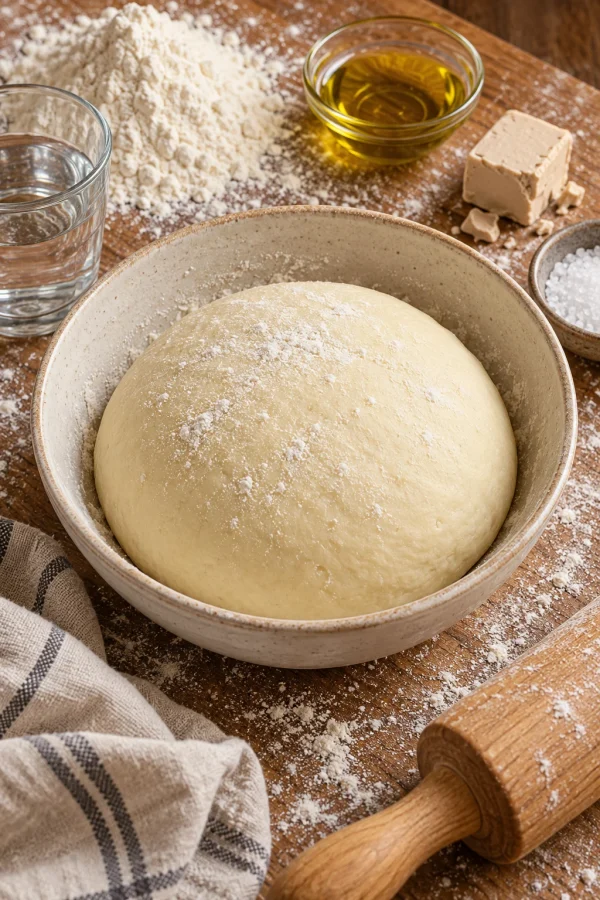 Bola de masa de pizza casera en un bol con harina, aceite de oliva, levadura fresca y sal alrededor