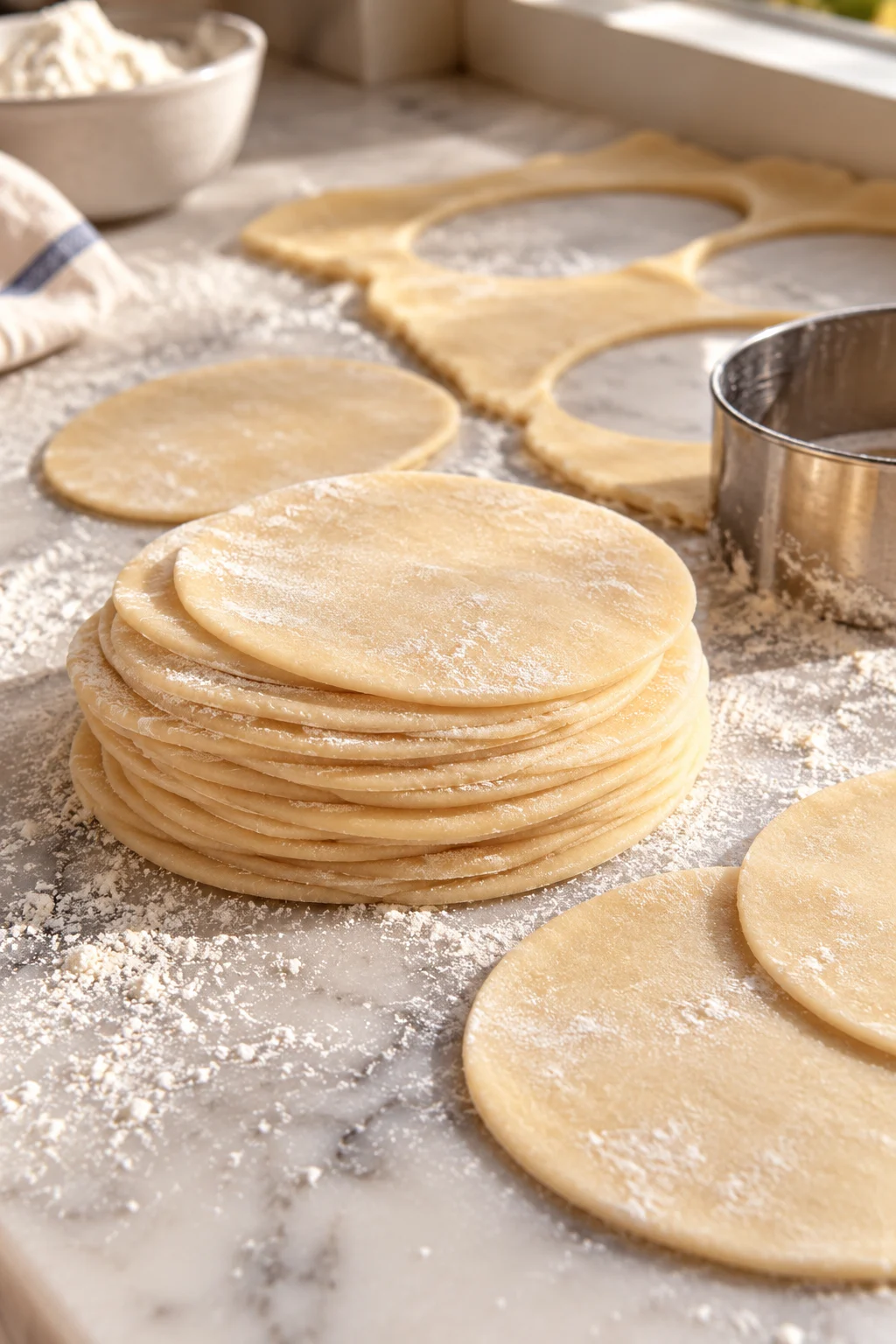 Primer plano de masa para empanadas casera estirada mostrando su textura suave