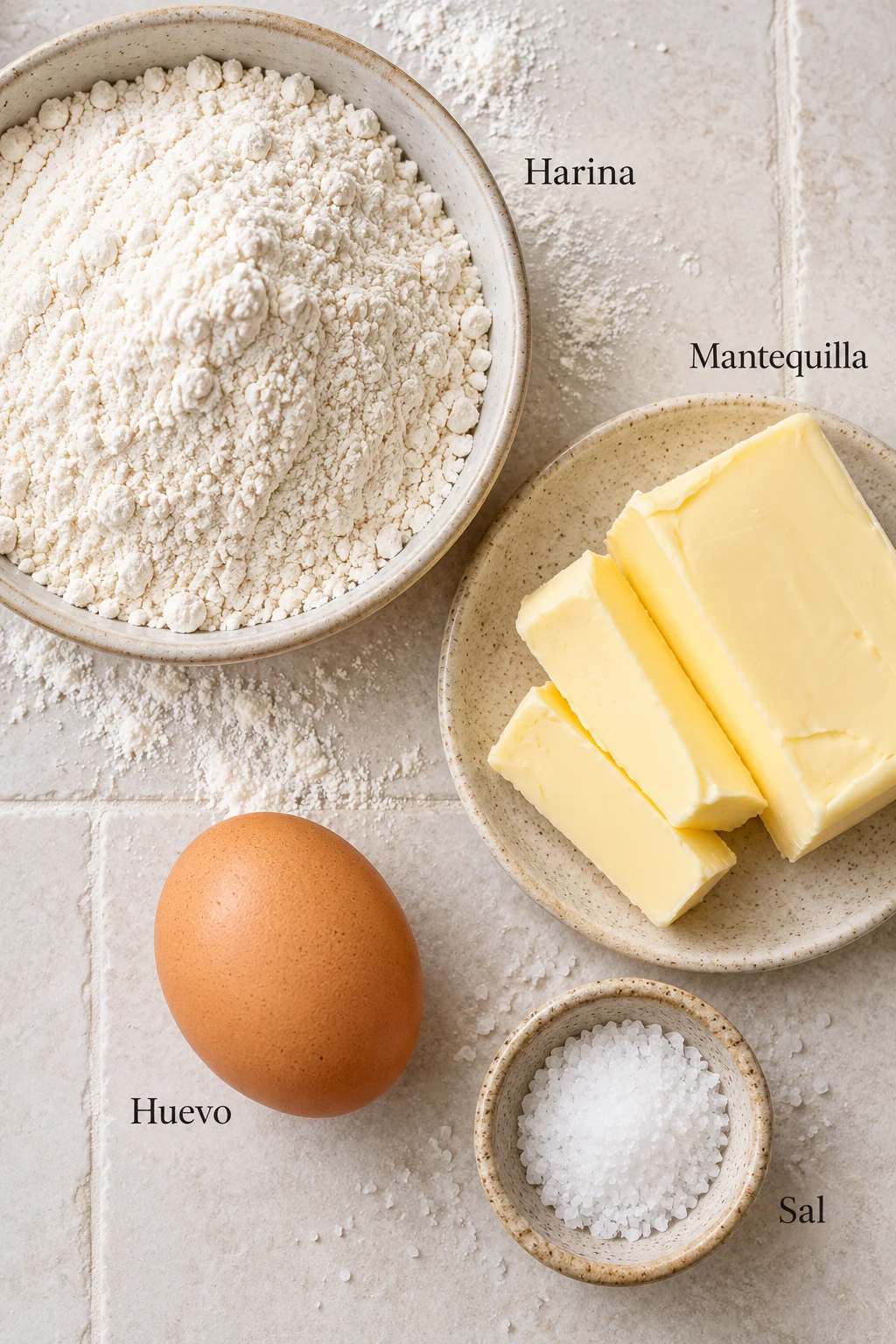 Ingredientes etiquetados para masa para empanadas casera sobre superficie clara