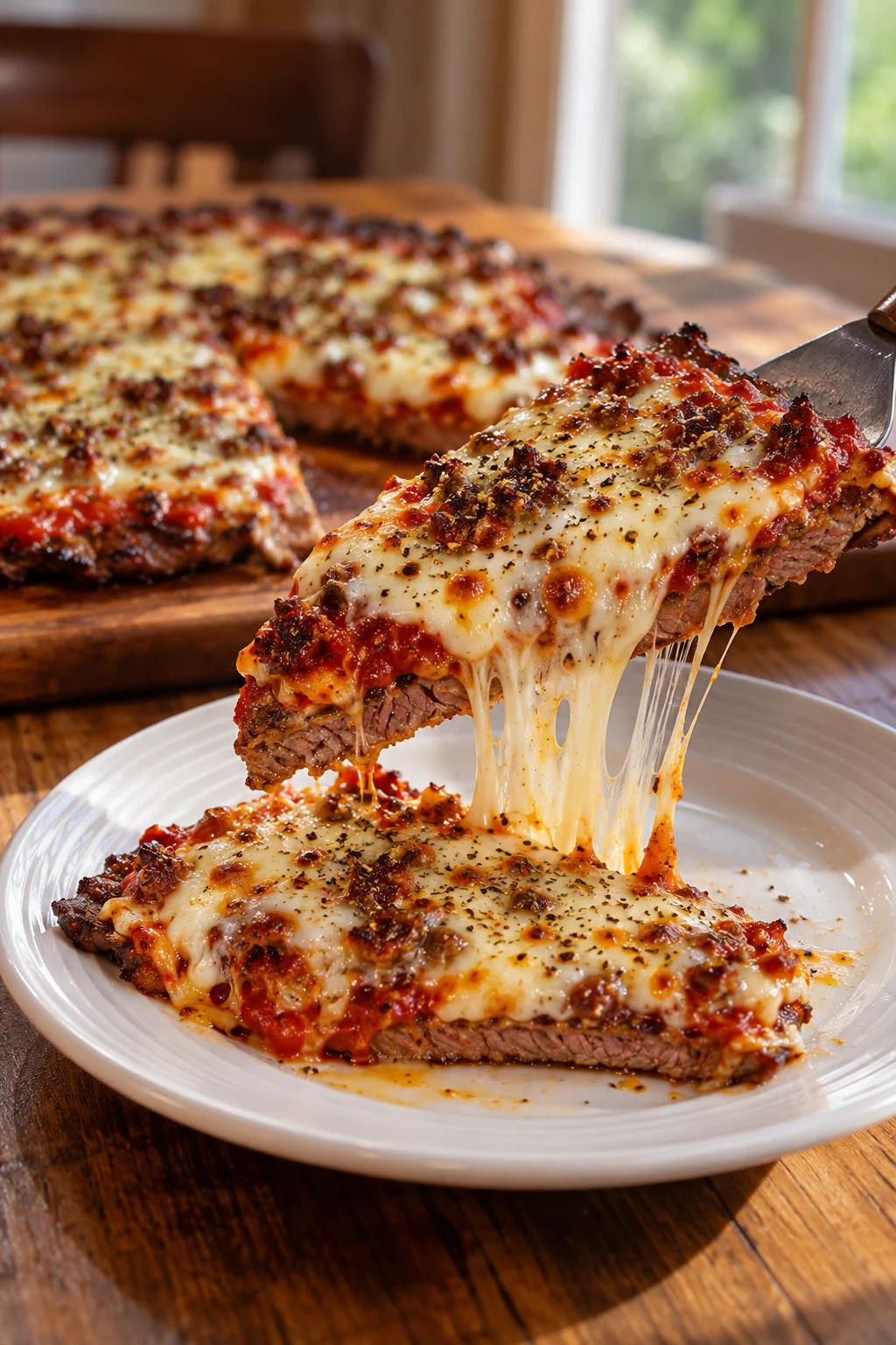 Porción de matambre a la pizza parrilla mostrando el queso derretido