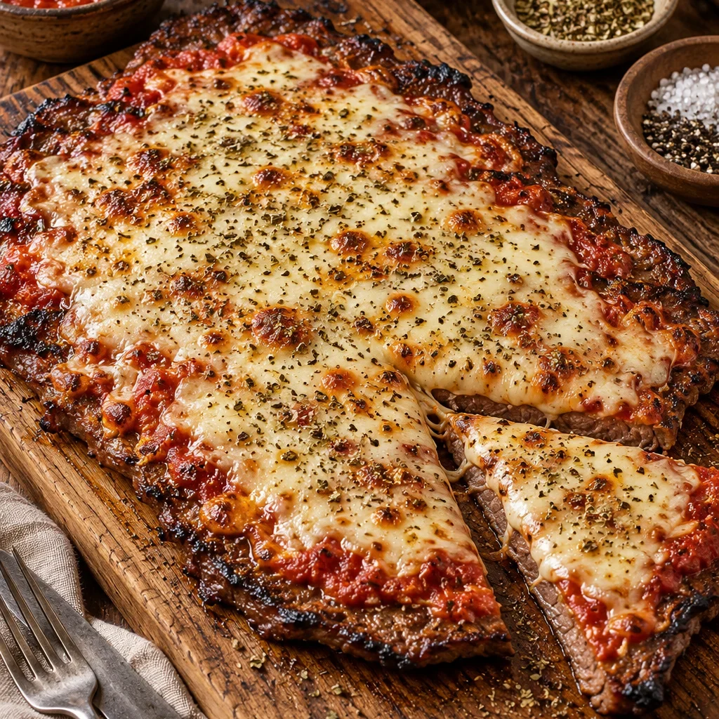 Matambre a la pizza parrilla con salsa de tomate, queso mozzarella gratinado y orégano sobre tabla de madera
