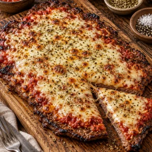Matambre a la pizza parrilla con salsa de tomate, queso mozzarella gratinado y orégano sobre tabla de madera