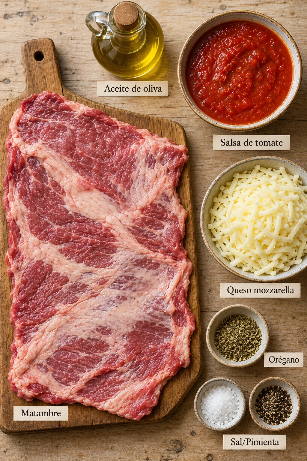Ingredientes etiquetados para matambre a la pizza parrilla