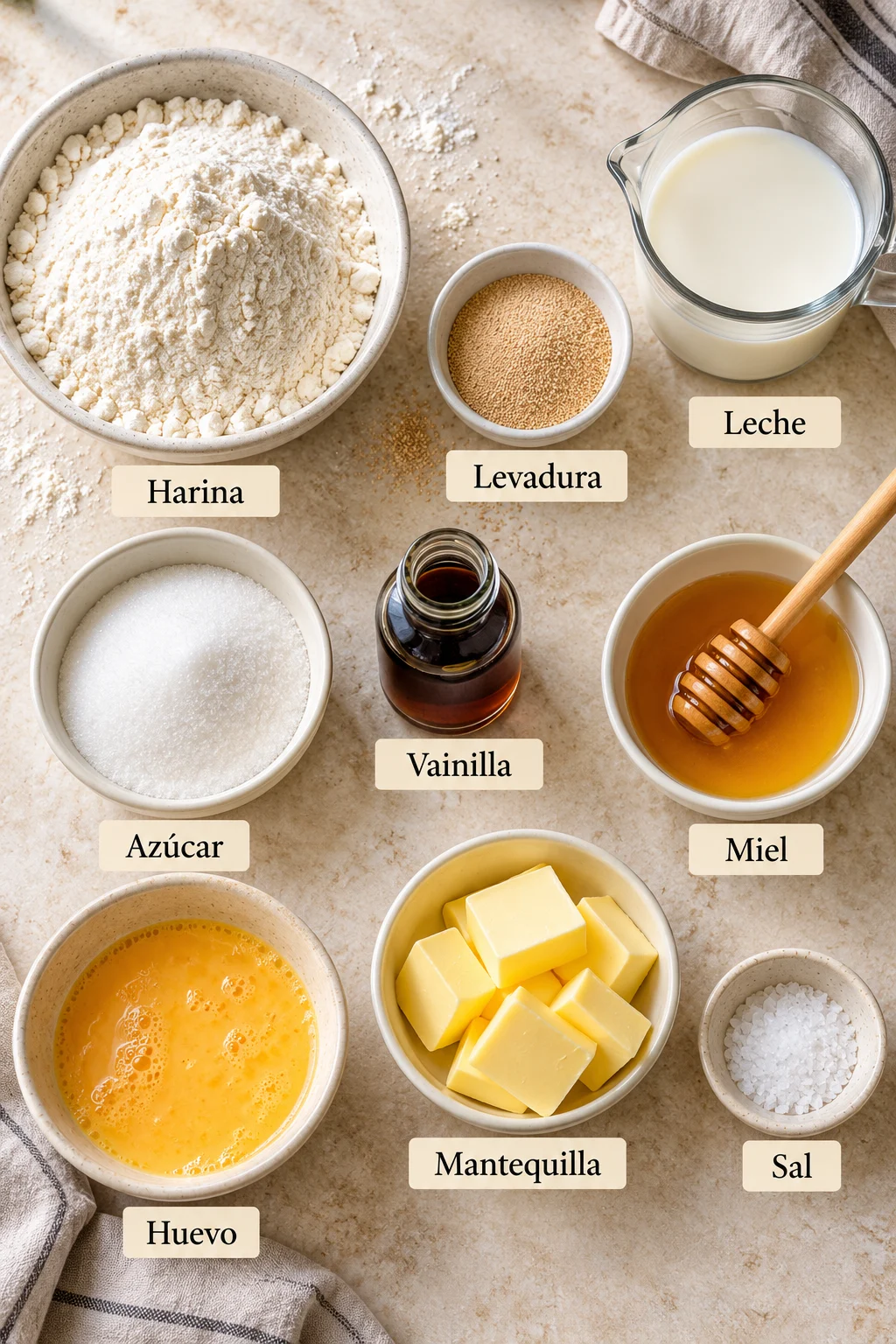 Ingredientes etiquetados para media luna en pequeños recipientes blancos